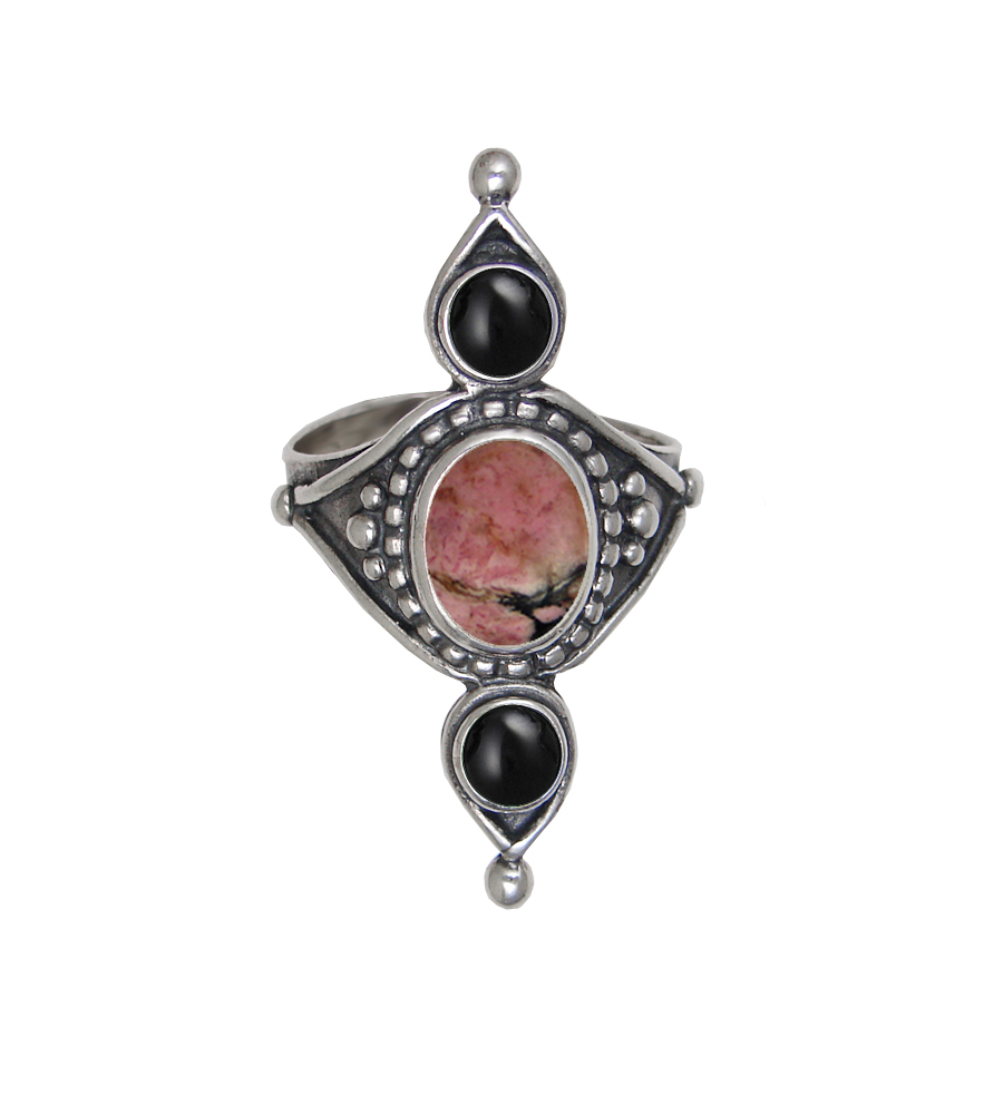 Sterling Silver Royal Ring With Rhodonite And Black Onyx Size 9
